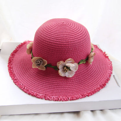 Rosa Damen-Sonnenhut mit Blumen, Sommerhut, Strandaccessoire, modisch, elegant, handgefertigt.