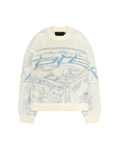 Cremefarbener Strickpullover mit blauem abstraktem Muster, Unisex, Baumwolle, modisch.