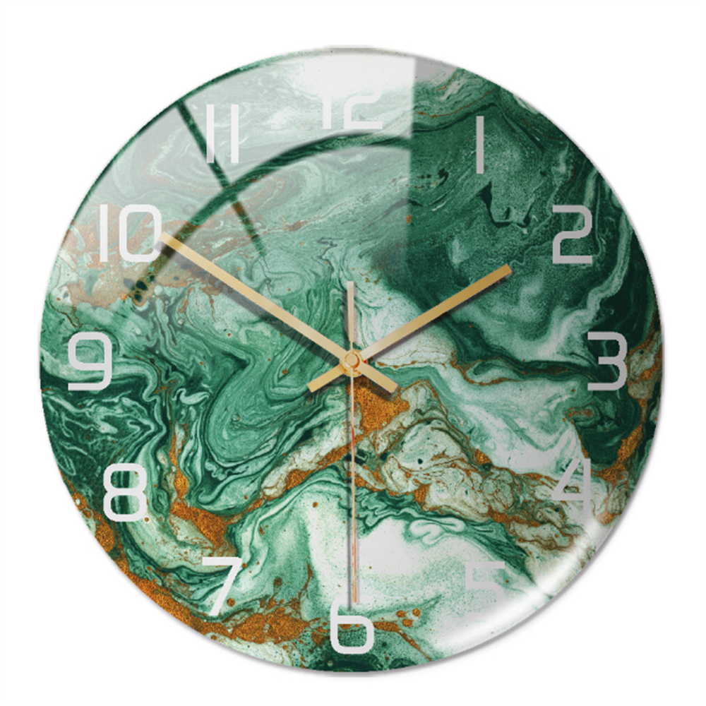 Grüne Marmoruhr mit goldenen Zeigern, modernes Design, runde Wanduhr, Wohnzimmerdekoration.