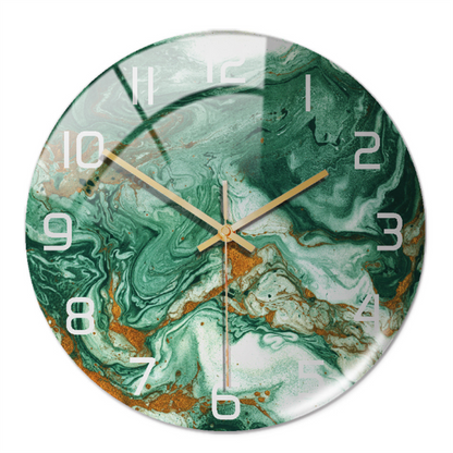 Grüne Marmoruhr mit goldenen Zeigern, modernes Design, runde Wanduhr, Wohnzimmerdekoration.