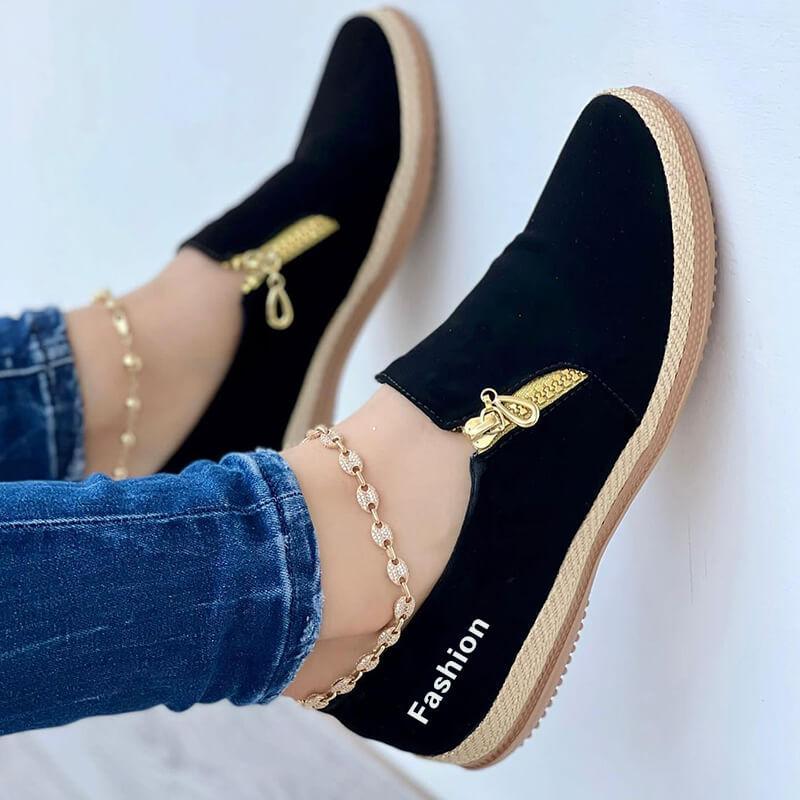 Schwarze Damen-Sneaker mit Reißverschluss, modisch, bequem, Freizeitschuh, flach, rutschfest.