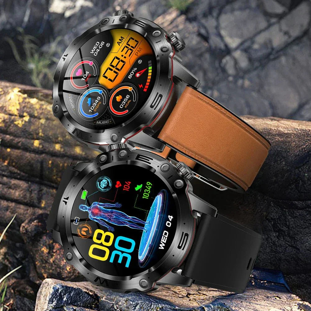 Zwei Smartwatches mit Leder- und Silikonarmband, digitale Anzeige, Outdoor-Hintergrund.