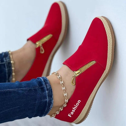 Rote Damen-Sneaker mit Reißverschluss, Freizeitschuh, modisch, bequem, flach, Textilsohle.