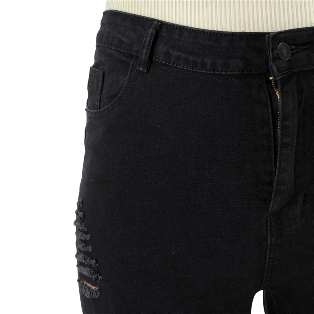 Schwarze Damenjeans mit Rissen, hoher Bund, modisch, Baumwolle, Freizeitkleidung.