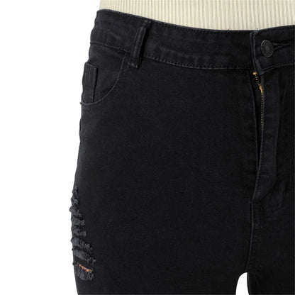Schwarze Damenjeans mit Rissen, hoher Bund, modisch, Baumwolle, Freizeitkleidung.