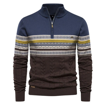 Herrenpullover mit Reißverschluss, blau-braun, Strickmuster, Wintermode, Baumwolle.