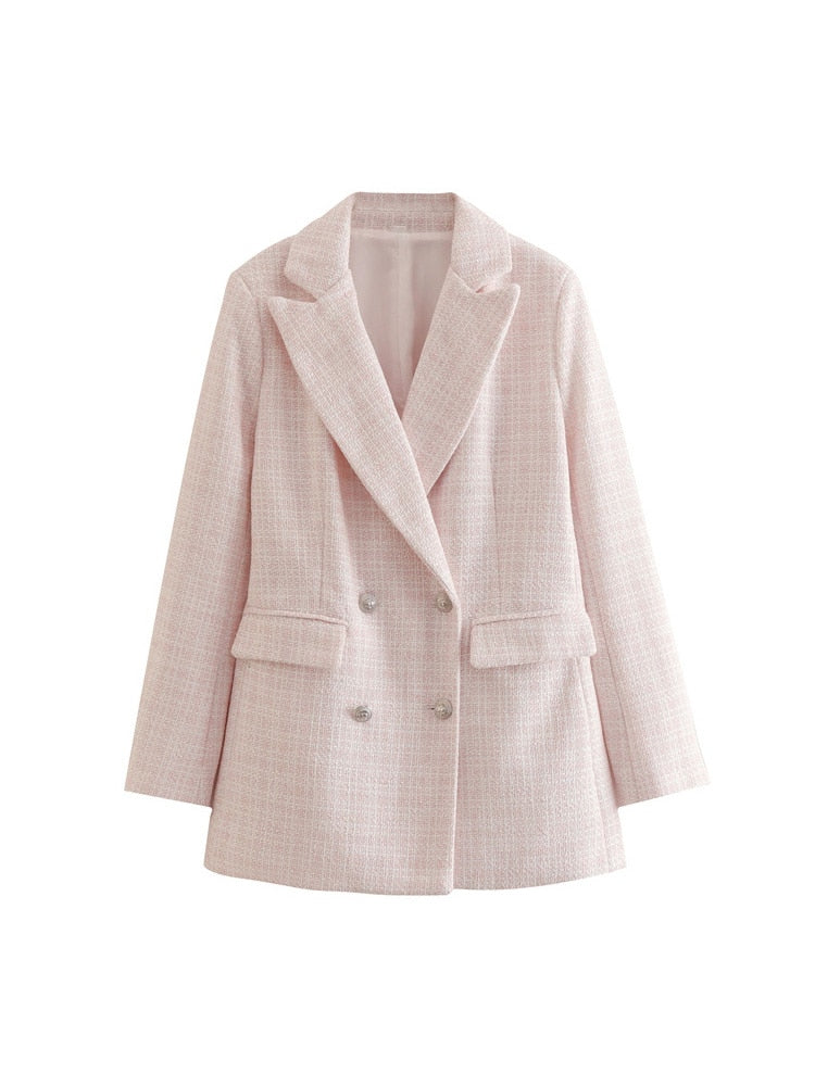 Damen Blazer rosa kariert, zweireihig, elegant, Büro, modisch, hochwertig, Herbstmode.