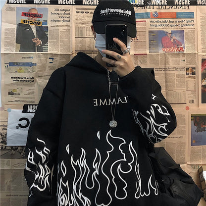 Schwarzer Hoodie mit Flammenmuster, lässig, Unisex, Streetwear, Baumwolle, modisch.
