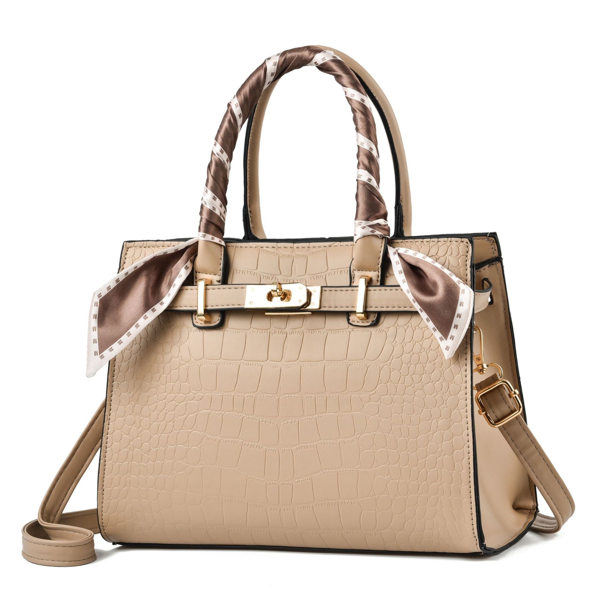 Beige Damenhandtasche aus Kunstleder mit Krokodilprägung und Seidenschal, elegant und modisch.