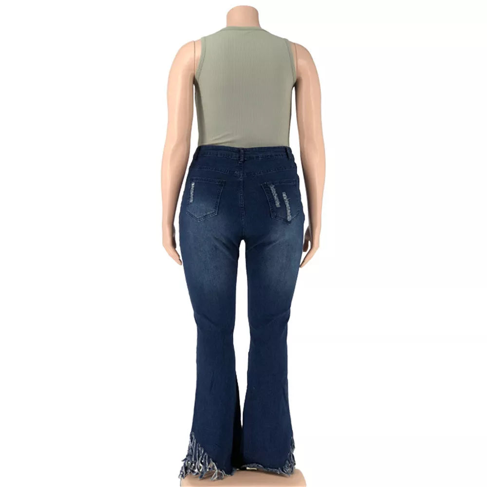 Damen-Jeans mit Schlag, dunkelblau, Fransen, Rückansicht, modisch, bequem, Baumwolle.