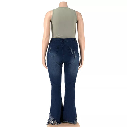 Damen-Jeans mit Schlag, dunkelblau, Fransen, Rückansicht, modisch, bequem, Baumwolle.