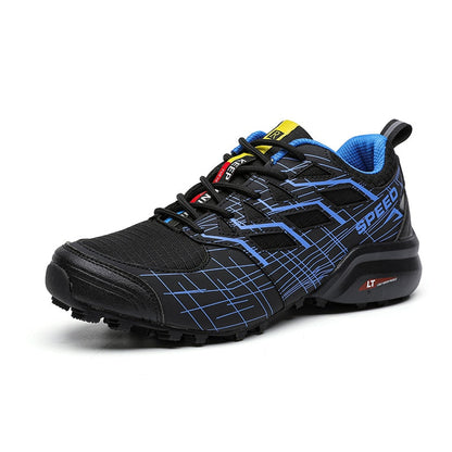Schwarzer und blauer Herren-Laufschuh, atmungsaktiv, rutschfest, sportlich.