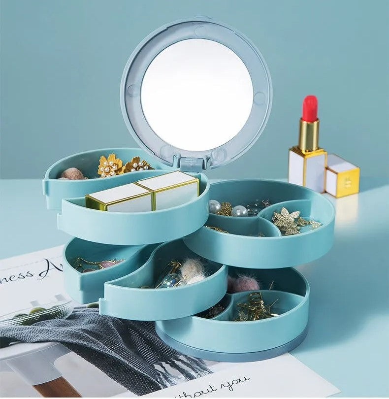 Blauer Schmuck-Organizer mit Spiegel, drehbar, für Ohrringe und Ringe, modernes Design.