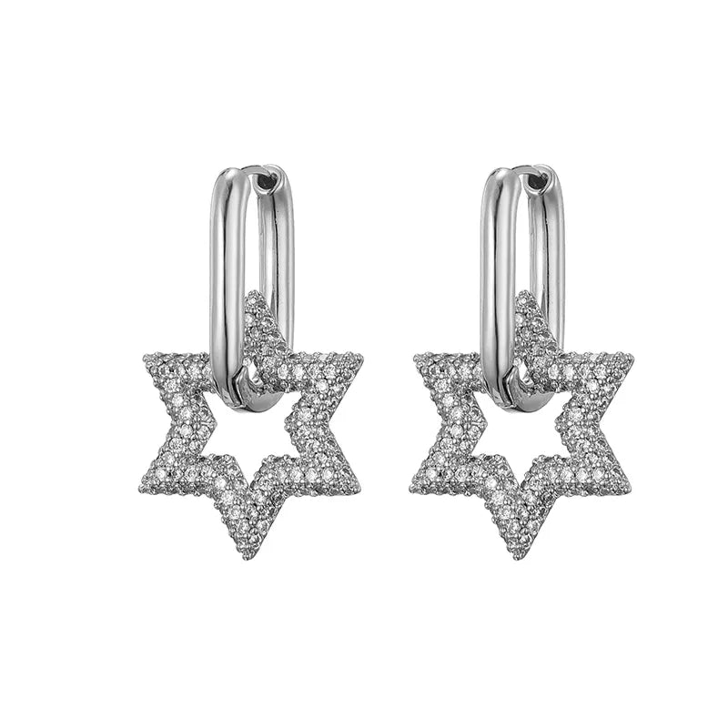 Silberne Stern-Ohrringe mit Zirkonia, funkelnd, modisch, Schmuck für Damen.