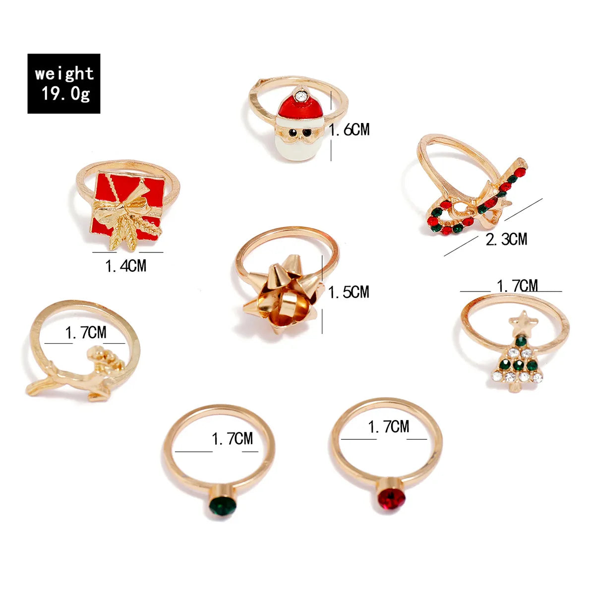 Set aus 8 Weihnachtsringen, goldfarben, mit festlichen Motiven, ideal für Feiertagsdekorationen.