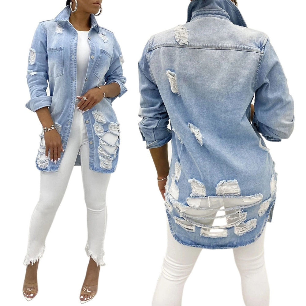 Damen-Jeansjacke, hellblau, zerrissen, modisch, lang, Freizeitkleidung, Streetwear.