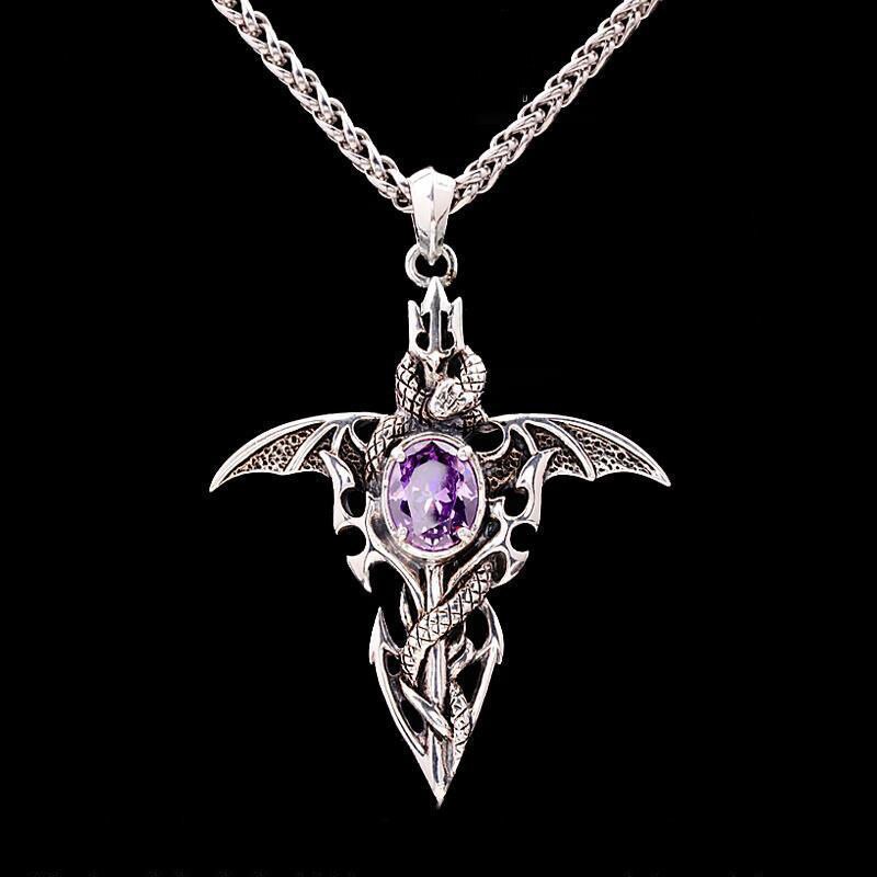 Silberner Drachenanhänger mit lila Kristall, gotischer Schmuck, Edelstahlkette.