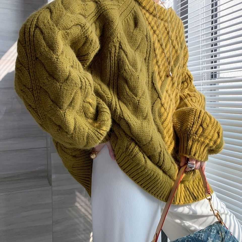 Damen Pullover Zopfmuster, olivgrün, Strick, oversized, Herbstmode, gemütlich, modisch.