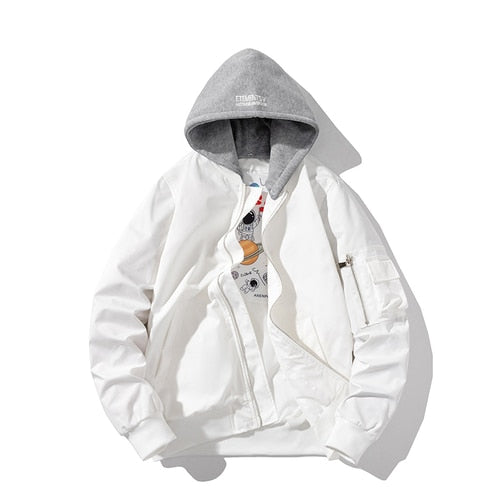 Weiße Bomberjacke mit grauer Kapuze, lässiger Stil, Herrenmode, Baumwolle.