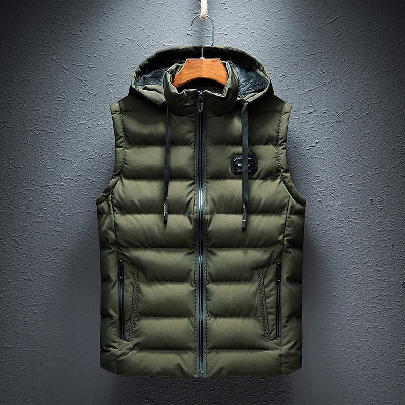 Grüne Steppweste mit Kapuze, Reißverschluss, Herrenmode, Winterbekleidung, Outdoor-Weste.
