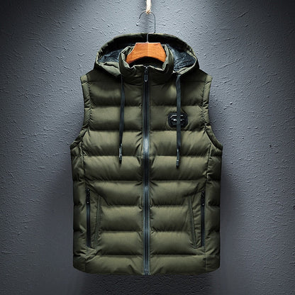Grüne Steppweste mit Kapuze, Reißverschluss, Herrenmode, Winterbekleidung, Outdoor-Weste.