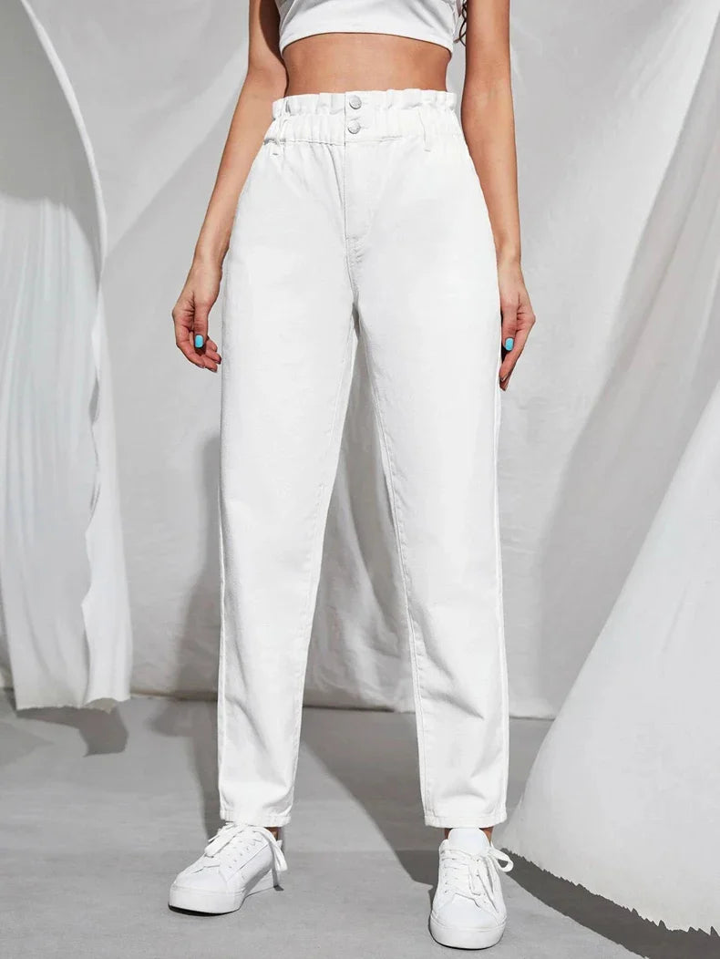 Weiße Damen-Jeans mit hoher Taille, lässiger Stil, Baumwolle, modisch, bequem.