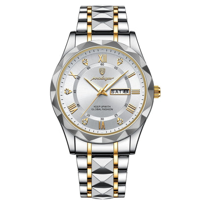 Luxus Herrenarmbanduhr, silber-gold, Edelstahl, römische Ziffern, Datum, elegantes Design.