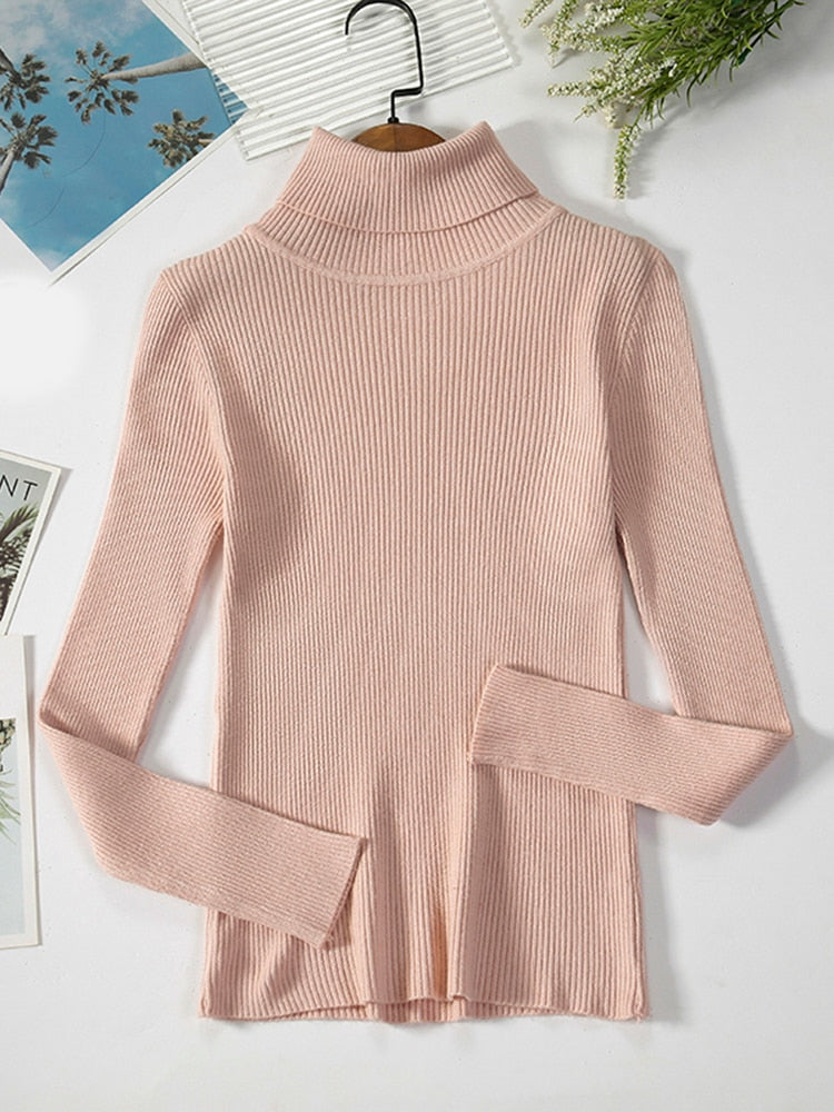 Rosa Rollkragenpullover aus Strick, Damenmode, langärmelig, elegant, Herbst-Winter-Outfit