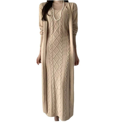 Beiges Strickkleid Damen, lang, Zopfmuster, elegant, Herbstmode, Baumwolle, Langarm.