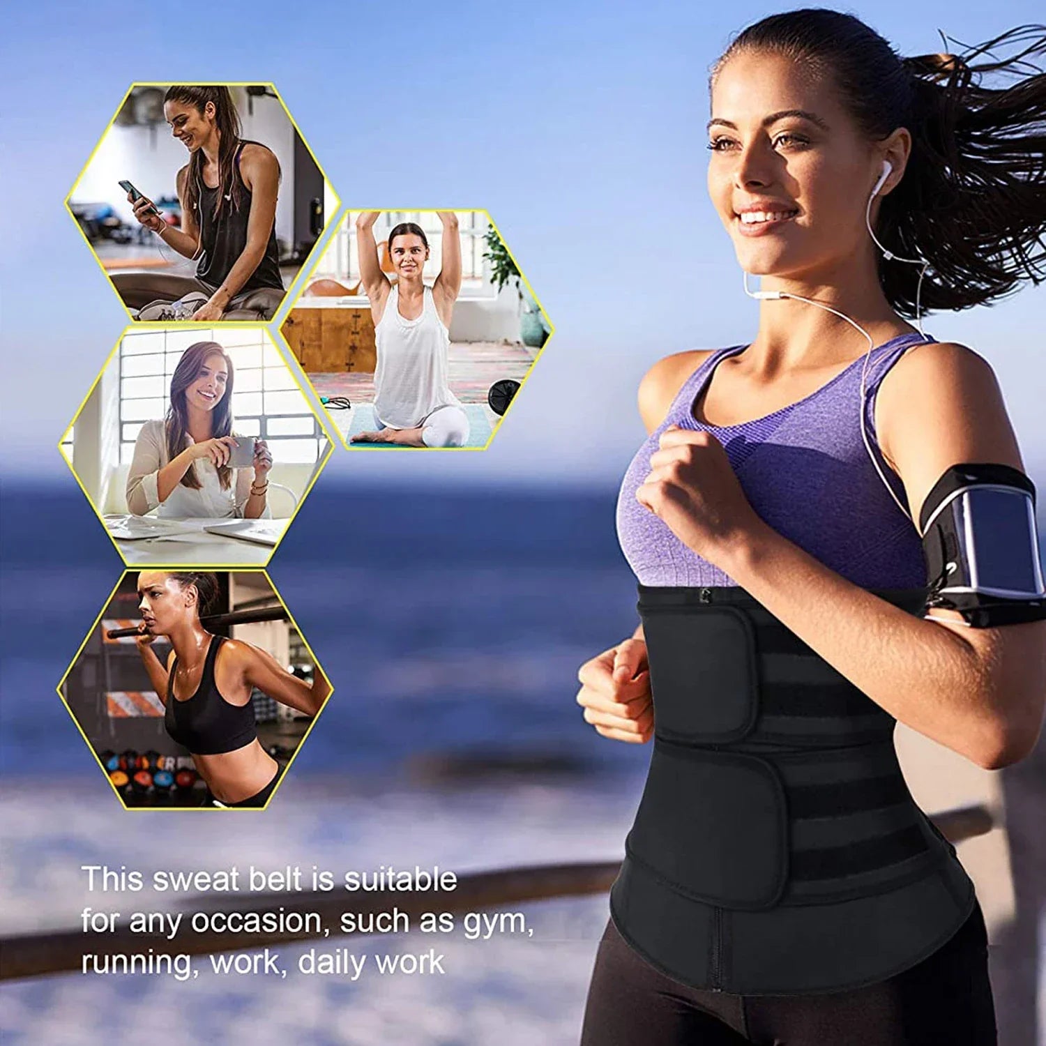 Frau mit schwarzem Taillentrainer beim Sport am Strand, Fitness, Abnehmen, Workout.