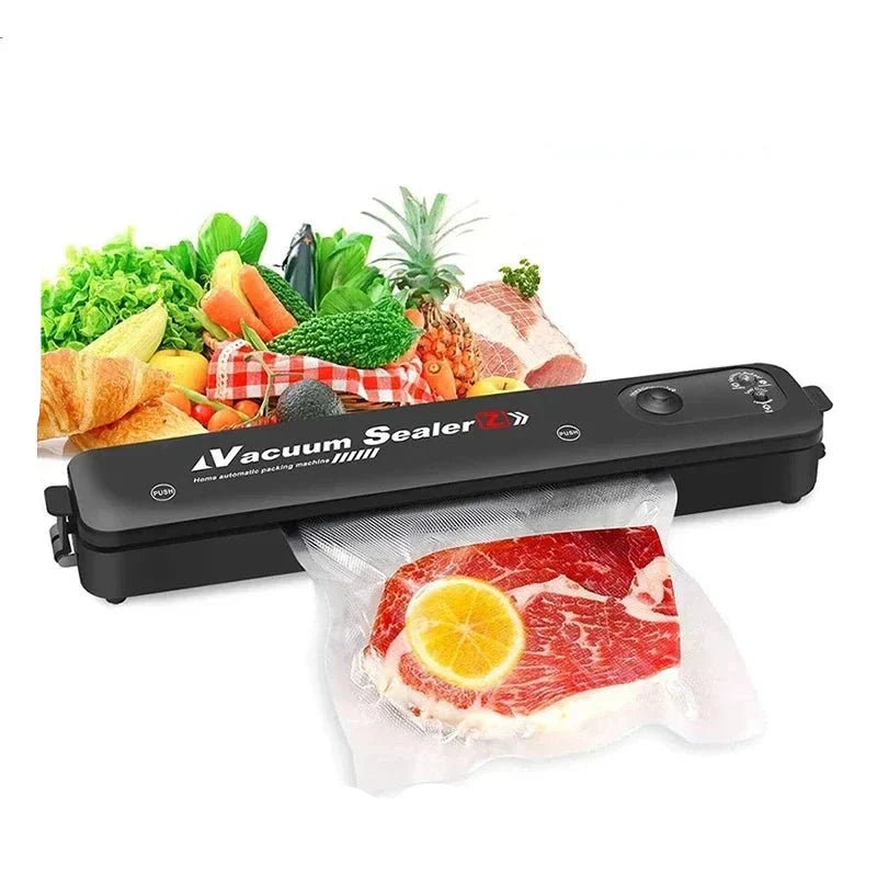 Vakuumierer Schwarz mit Lebensmittel, Fleisch, Gemüse, Brot, Frischhaltegerät Küche.