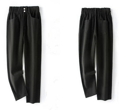 Schwarze Damenhose mit elastischem Bund, Taschen, lässig, modisch, bequem, vielseitig.