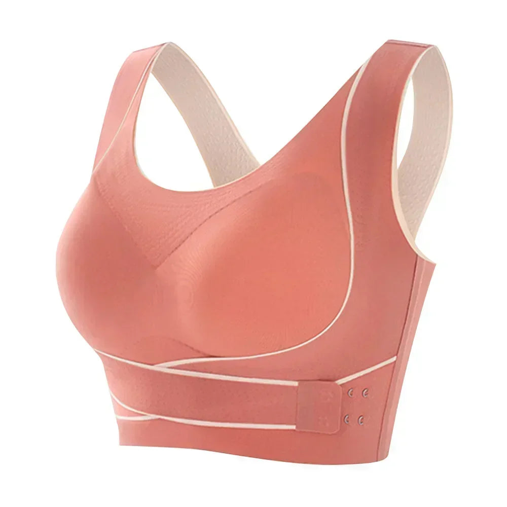 Rosa nahtloser Sport-BH, atmungsaktiv, verstellbar, Damen-Fitnessbekleidung.