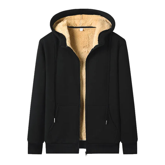Schwarze Kapuzenjacke mit beigem Fleecefutter, Reißverschluss, Unisex, warm, modisch.