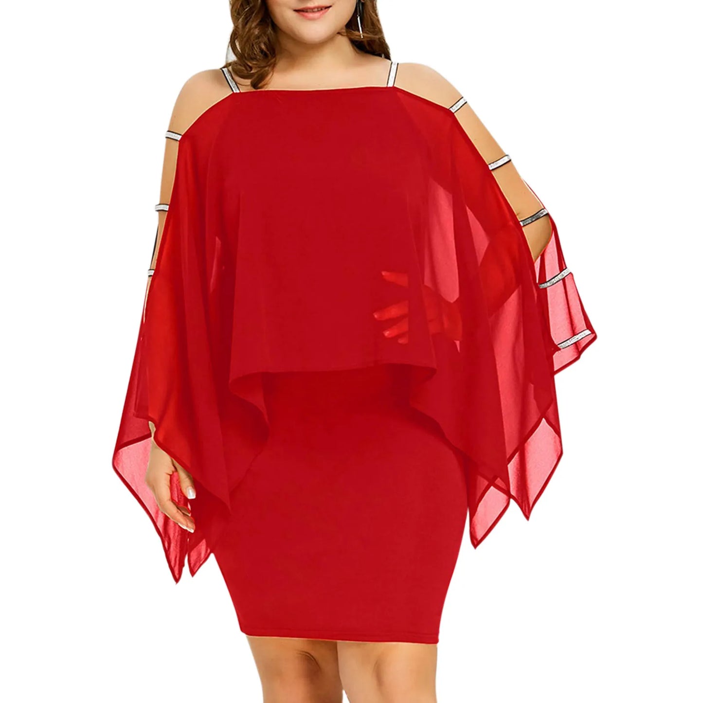Rotes Damenkleid mit Cape-Ärmeln, schulterfrei, elegant, Plus Size, Abendmode.