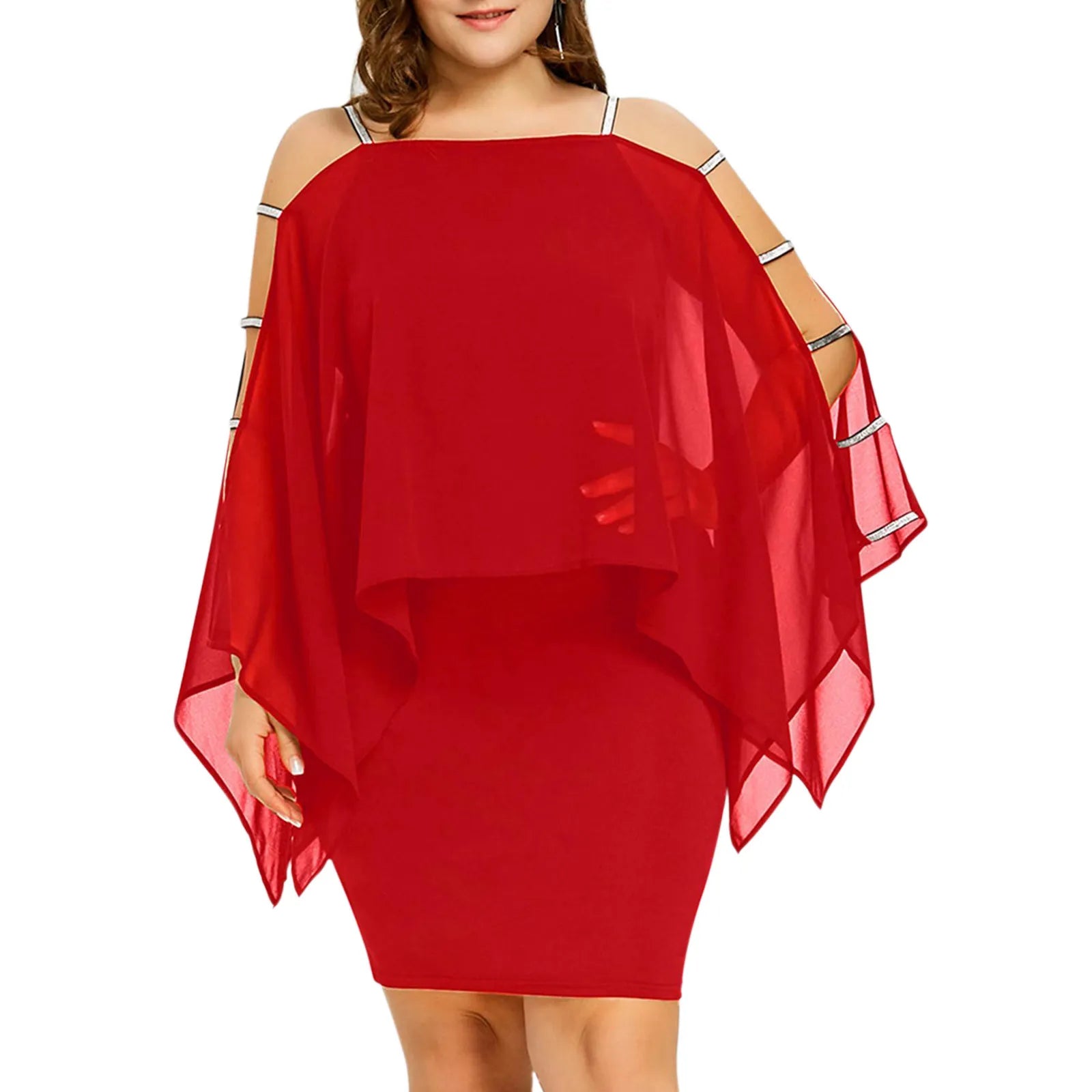 Rotes Damenkleid mit Cape-Ärmeln, schulterfrei, elegant, Plus Size, Abendmode.