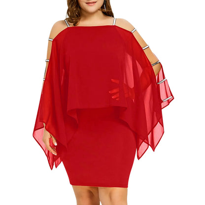 Rotes Damenkleid mit Cape-Ärmeln, schulterfrei, elegant, Plus Size, Abendmode.