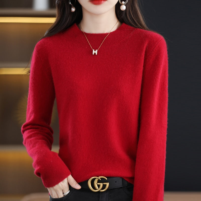 Damenpullover aus rotem Kaschmir, elegantes Design, ideal für Herbstmode, weiches Material.