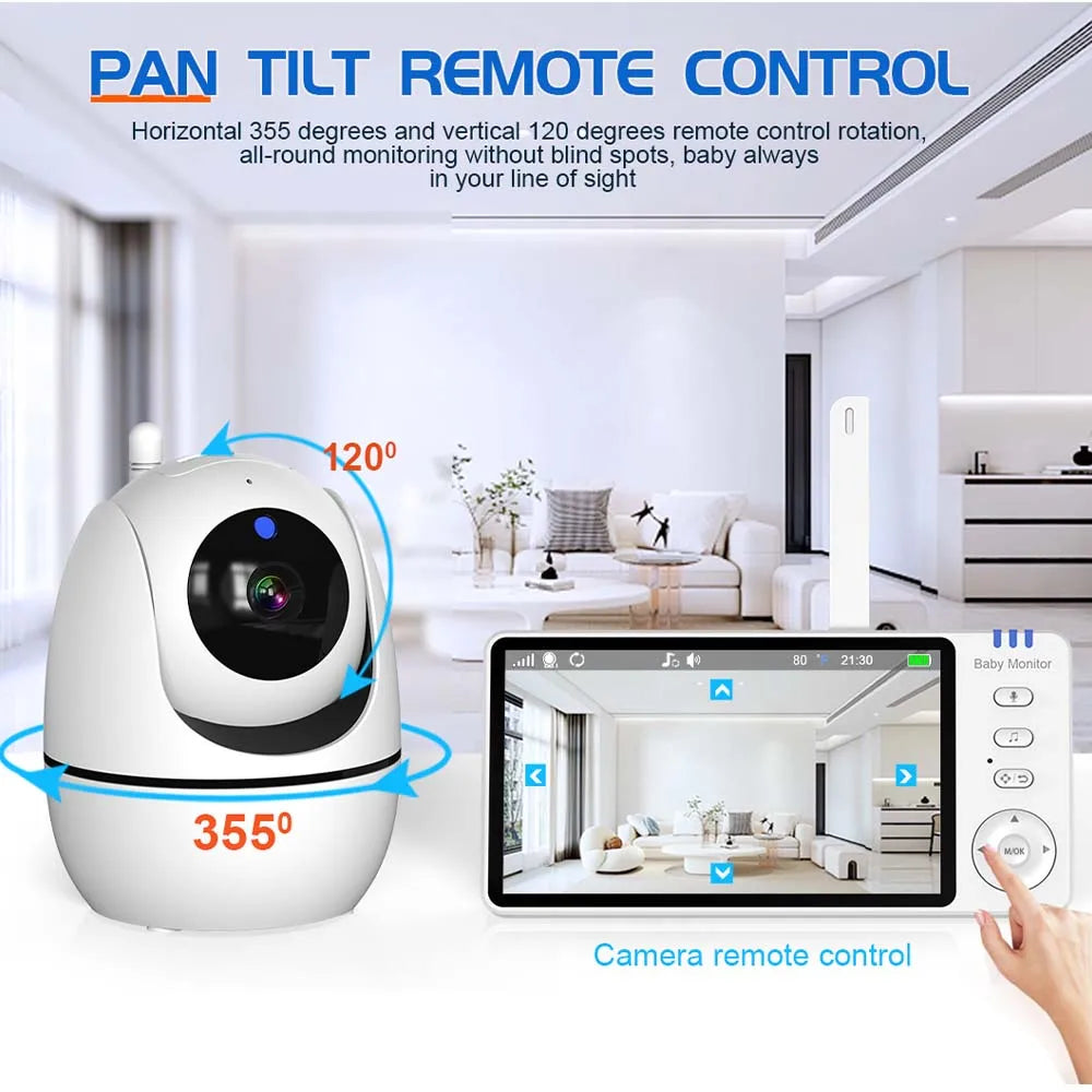5-tums HD-videobabymonitor med kamera, PTZ-zoom och nattseende
