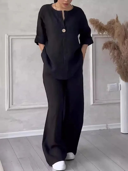 Höstligt och stilrent set med blus och vida byxor i linne – Melina