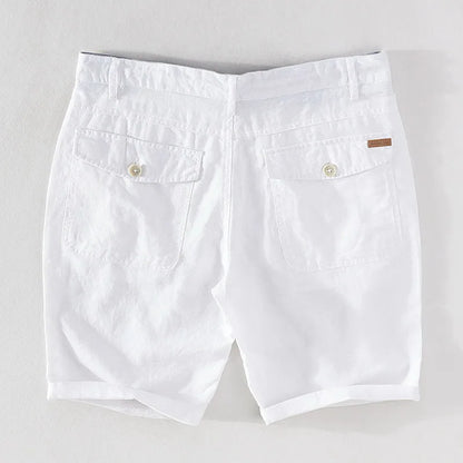 Strandshorts för herr i linne-bomull, sommarlook med knappstängning - Sandro