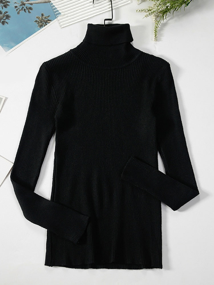 Schwarzer Rollkragenpullover Damen, langärmelig, gerippt, elegant, Wintermode, Baumwolle.