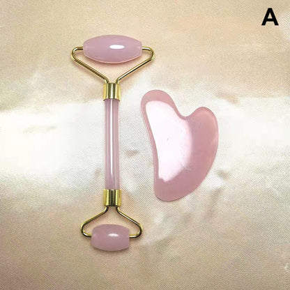 Rosenquarz-Gesichtsroller und Gua Sha Set, Massagewerkzeug, Hautpflege, rosa, goldfarben.
