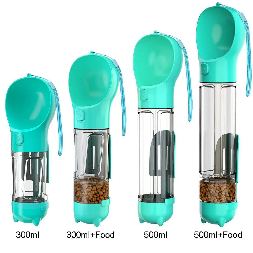 Tragbare Hundewasserflasche, türkis, 300ml-500ml, mit Futterbehälter, Reisen, Haustierbedarf.