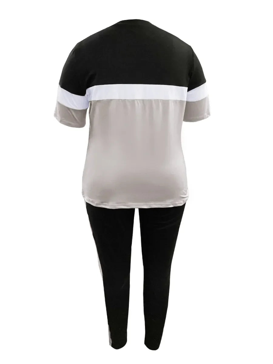 Schwarz-weißes Damen-Trainingsanzug-Set, kurzärmelig, bequem, Sportbekleidung.