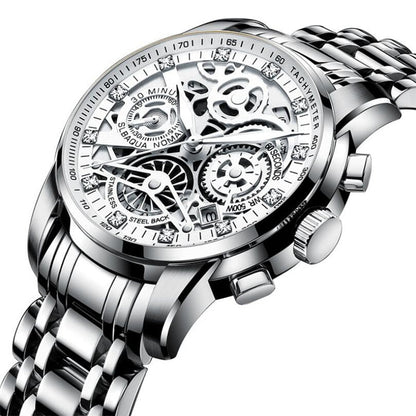 Luxus Herrenarmbanduhr, silber, Edelstahl, Skelettzifferblatt, Chronograph, wasserdicht.