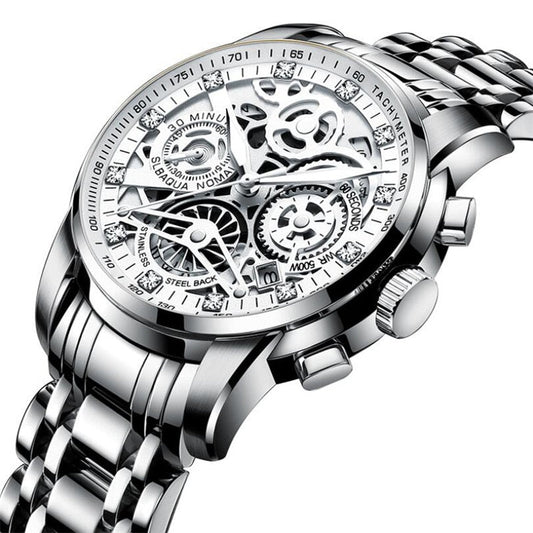 Luxus Herrenarmbanduhr, silber, Edelstahl, Skelettzifferblatt, Chronograph, wasserdicht.
