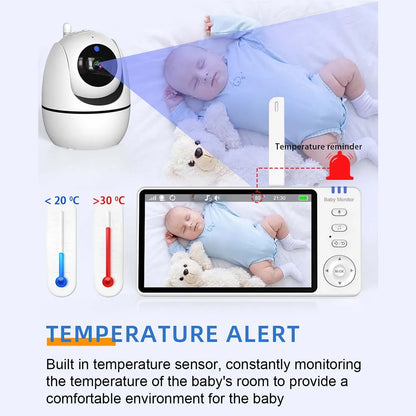 5-tums HD-videobabymonitor med kamera, PTZ-zoom och nattseende