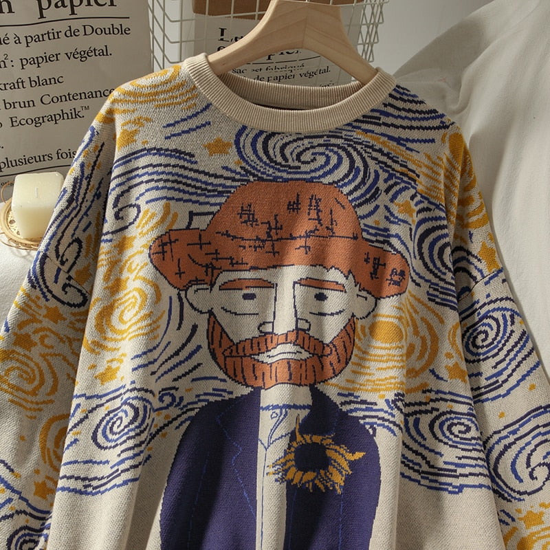 Pullover mit Van-Gogh-Motiv, beige-blau, Baumwolle, Kunst-Design, Unisex, modisch, gemütlich.