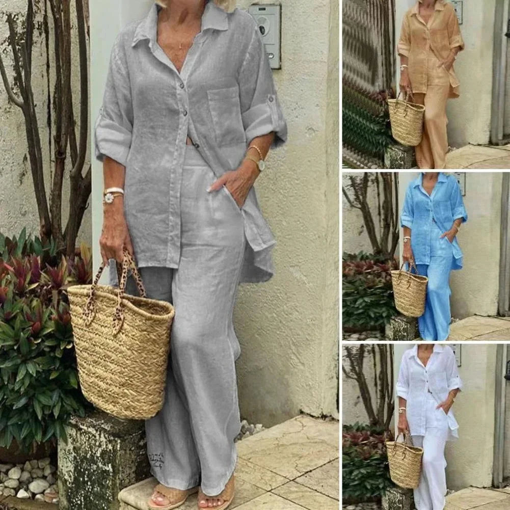 Luftig och stilfull oversize linnekombination med blus och byxor för damer – Amaris